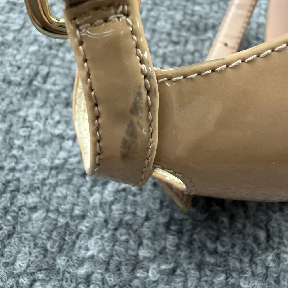 Stuart Weitzman Nude Patent Ankle Strap Block Heel‎ Sandals 9.5M As-Is